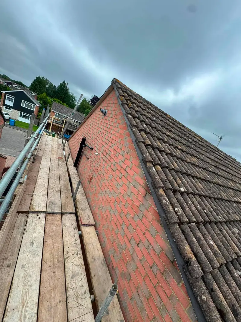 Pitched tiled roof viewed from the scaffold